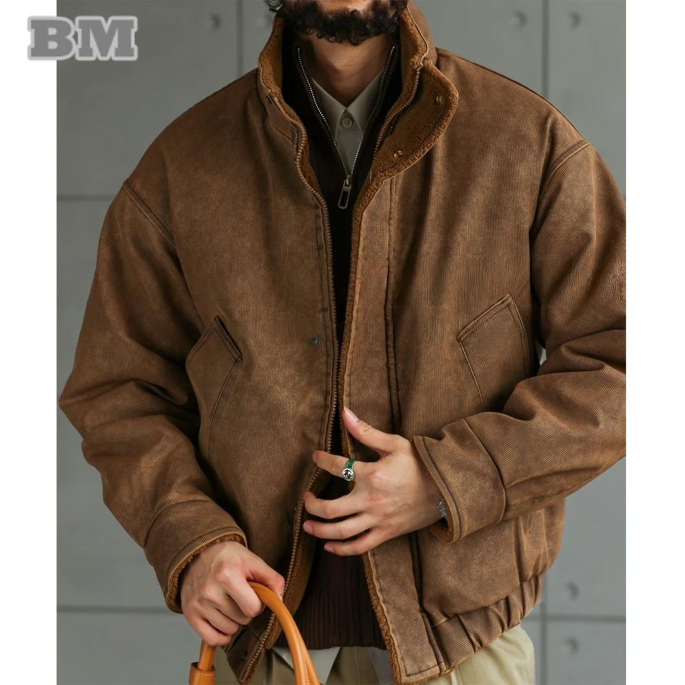 

Mens Vintage Fleece Jacket Winter PU Leather Stand Collar Short Style Thick Warm High Quality Casual Streetwear Outdoor Coat