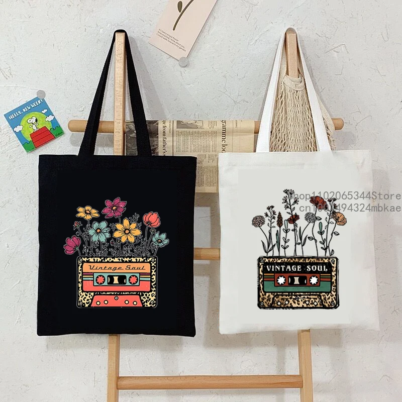 Wild Flower Leopard Print Radio Canvas Tote Bag Women Vintage Soul Shopping Bags Fashion Casual Teen Plant Style Shoulder Bag