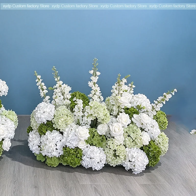 5D Grüne und weiße Hortensien-Hochzeitskulisse, Ochsenhorn-Bogen, Blumenläufer, Rosen-Blumenreihe, Arrangement, Event-Party-Requisiten, Dekorationsausstellung – Detail 4