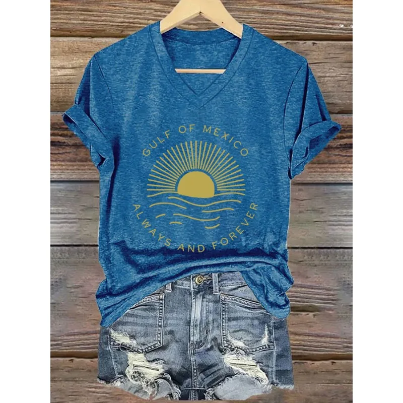NEW Women's Gulf of Mexico Print T-Shirts Summer Casual V Neck Tops Short Sleeve Tees