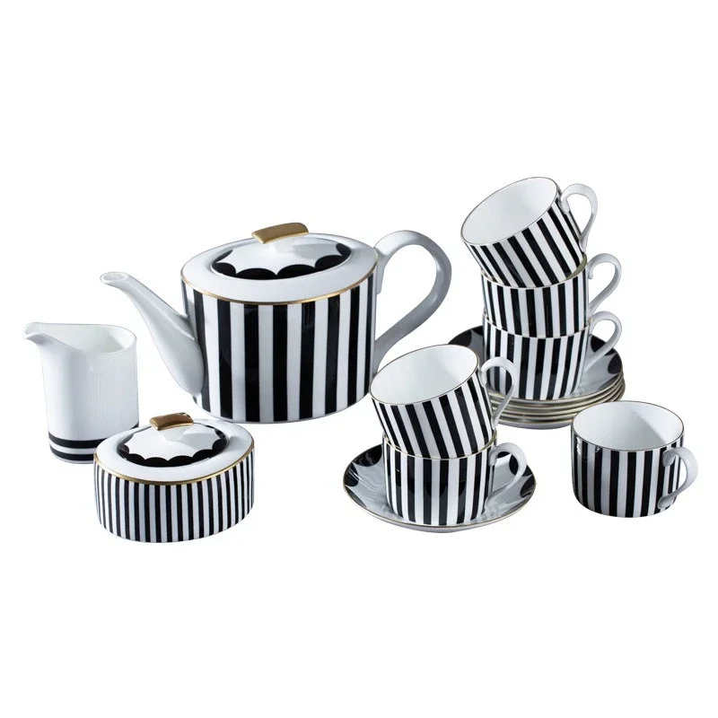 Gestreiftes Knochenporzellan-Kaffeeservice für den Haushalt, 15-teilig, mit schwarz gestreifter Gänseei-Kaffeekanne, Zuckertasse, Milchtasse, Kaffeetasse und Untertasse.