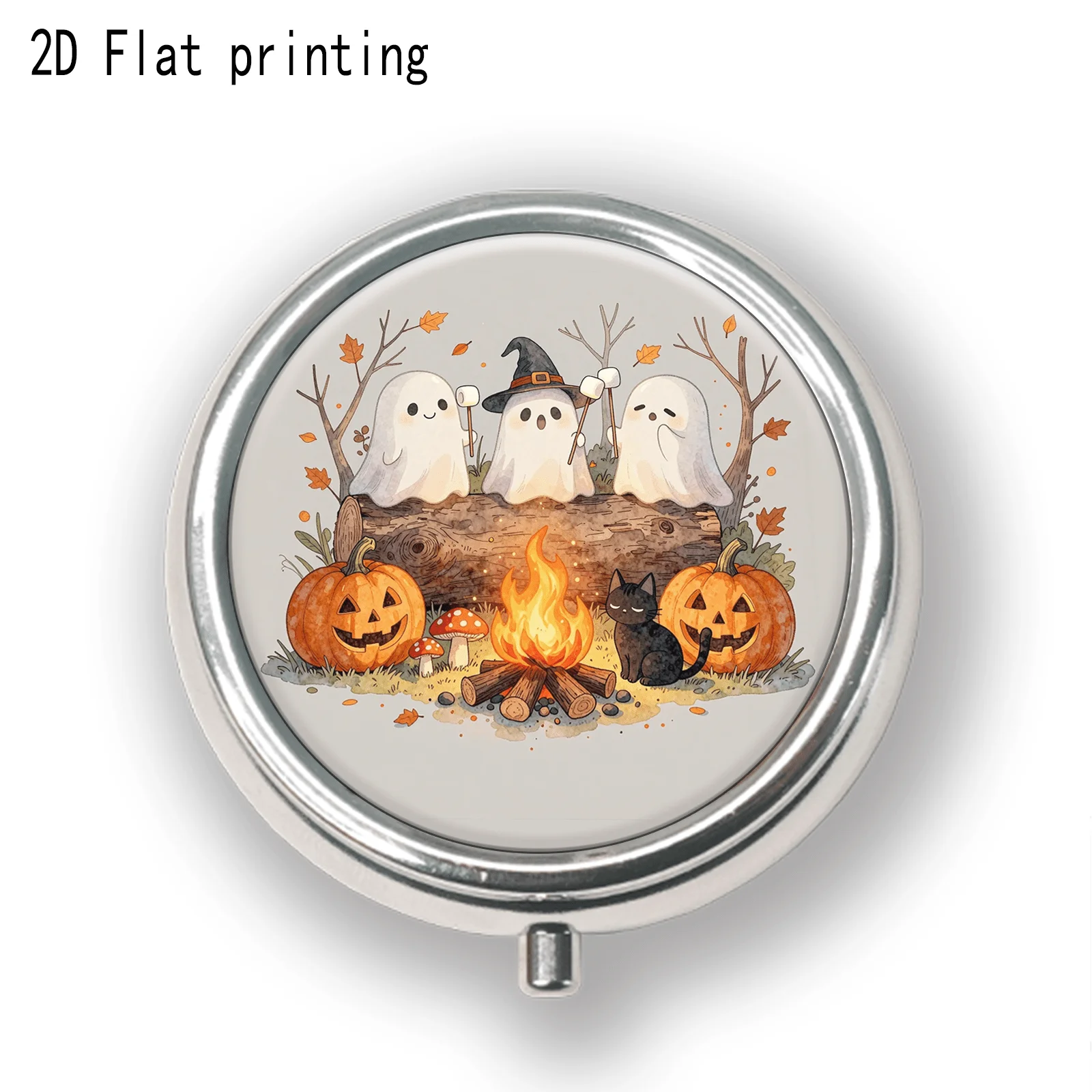 1 Flat Cartoon Halloween Ghost Fire Pumpkin Black Cat Autumn Pattern, Round Three-Compartment Pill Box, Portable Medication Storage, Small Jewelry Storage, Suitable for Handbags or Travel, Holiday Gifts, Souvenirs, Prizes