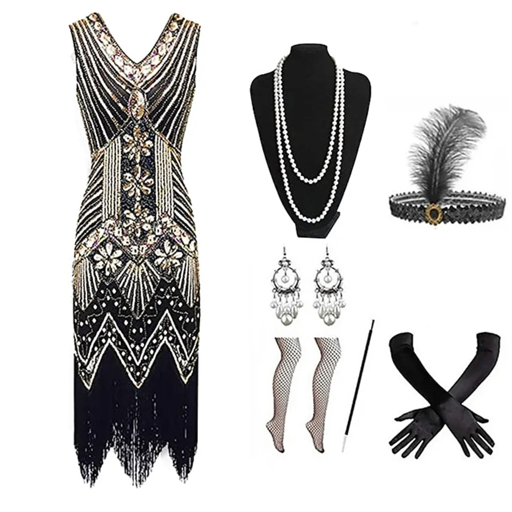 Vestido de Flapper para mujer, traje Retro Vintage rugiente de los años 20 y 1920, trajes del gran Gatsby, lentejuelas, flecos y borlas