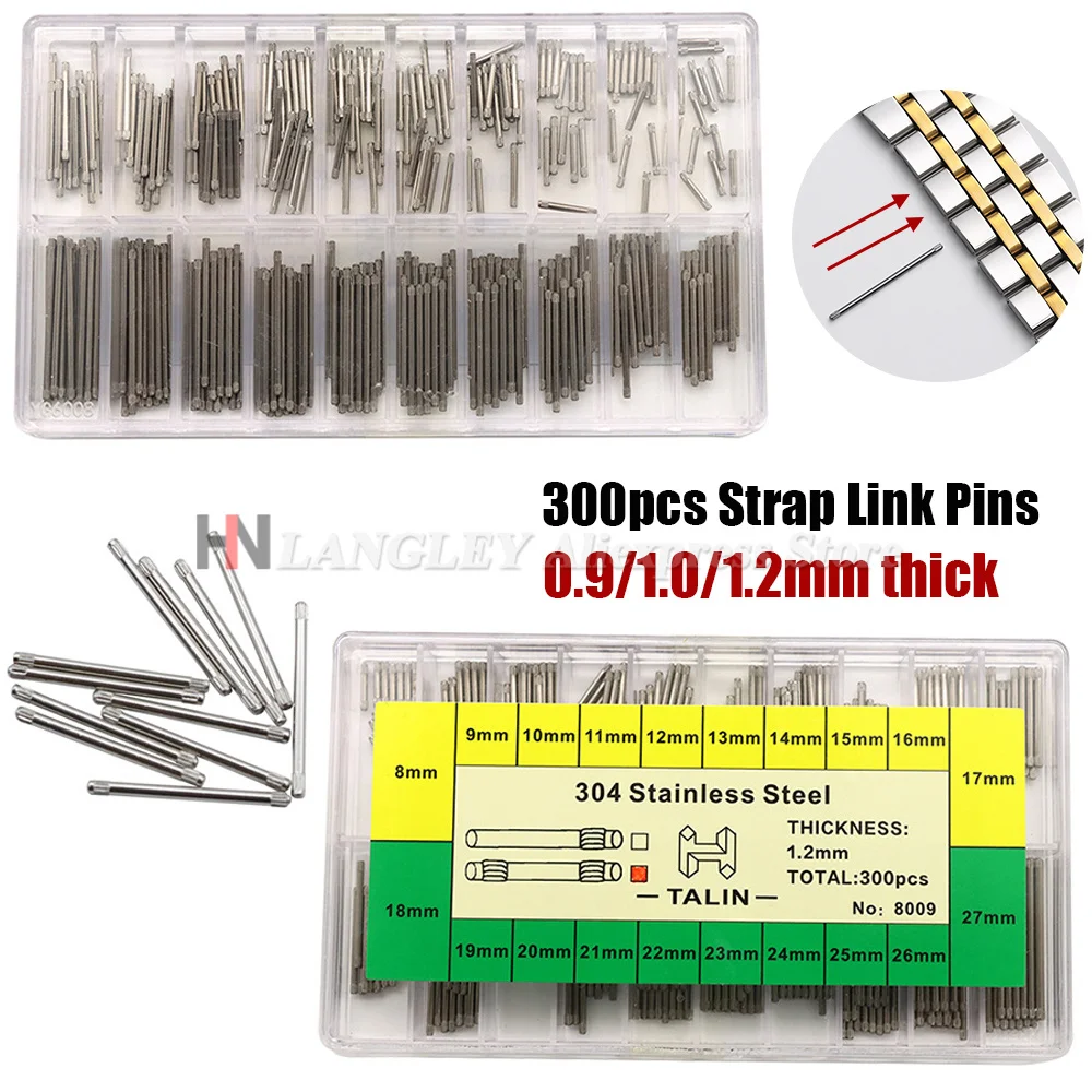 0,9/1,0/1,2mm Edelstahl Uhrenarmband Verbindungsstifte Doppelachsen-Ersatzteile für Uhren 300 Stück/Box
