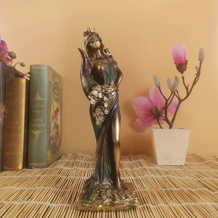 29CM Blindfolded Fortuna Statue Ancient Greek Roman Goddess of Fortune Vintage Blue Luck Sculpture Luck Decorations for Home