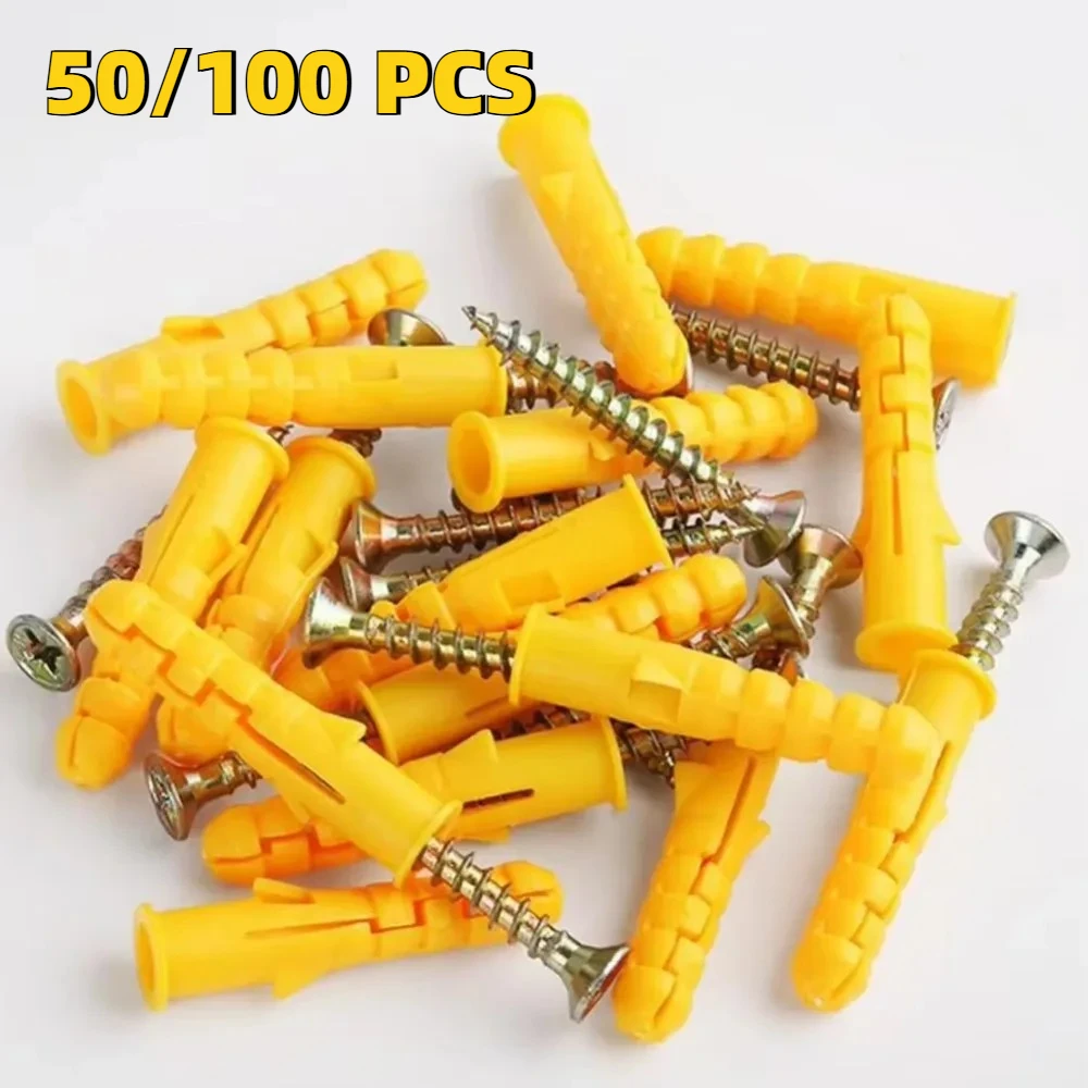 50/100PCS Yellow Fish Expansion Screw Accessories, Cross Hardware Fastener Screws, Concrete Wall Anchors, Bolt Wholesale