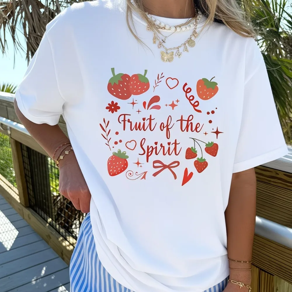 Fruit of the Spirit Christian T Shirt Cute Strawberry Bow Graphic Tops Women Trendy Aesthetic Casual Short Sleeve Tee
