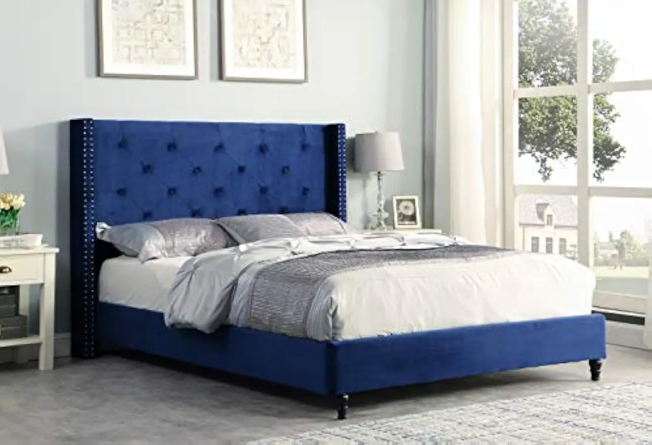 Best Master Furniture Tufted Wingback Platform Bed, Cal. King, Navy Blue