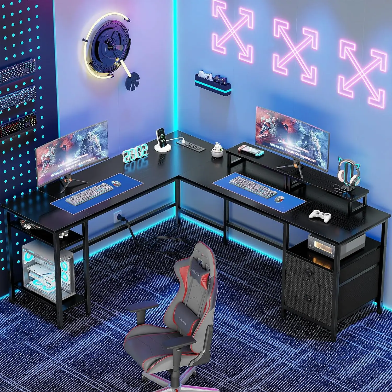 66” L Shaped Desk with Power Outlet, Reversible Computer Gaming Desk with File Drawer & 2 Monitor Stands for Home Office with St