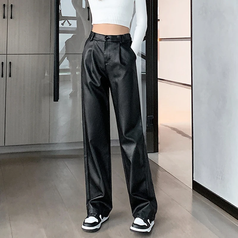 PU Leather Pant Women High Waist Straight Pant Autumn Winter Clothes Solid Pocket Streetwear Chic Black Faux Leather Trousers