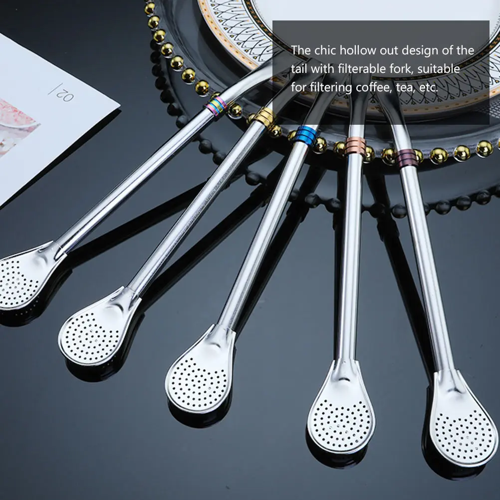 

5Pcs StainlessSteelStrawSpoon MixingSpoons StirCoffee StrainerStraws 304FilteringSpoons BarBistroRestaurantPartyHome Use