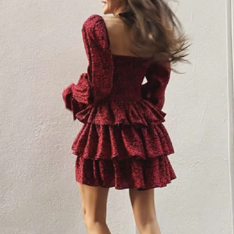 Vestido sexy cross bandage para mulheres, vinho tinto, estampa de flores, manga longa soprada, 3 camadas, orelhas de madeira, babados bainha, mini robe de férias, feriado, 2024