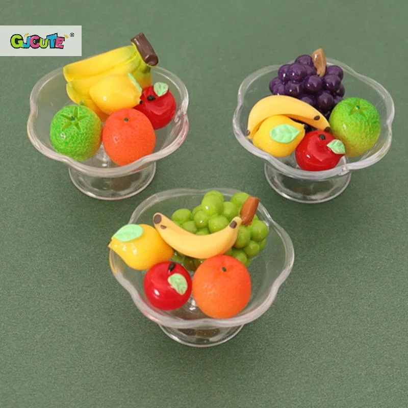 6 Teile/satz Simulation Transparent Obst Platte Banane Orange Traube Modell Puppenhaus Lebensmittel Und Spielen Miniatur Zubehör Für Kinder