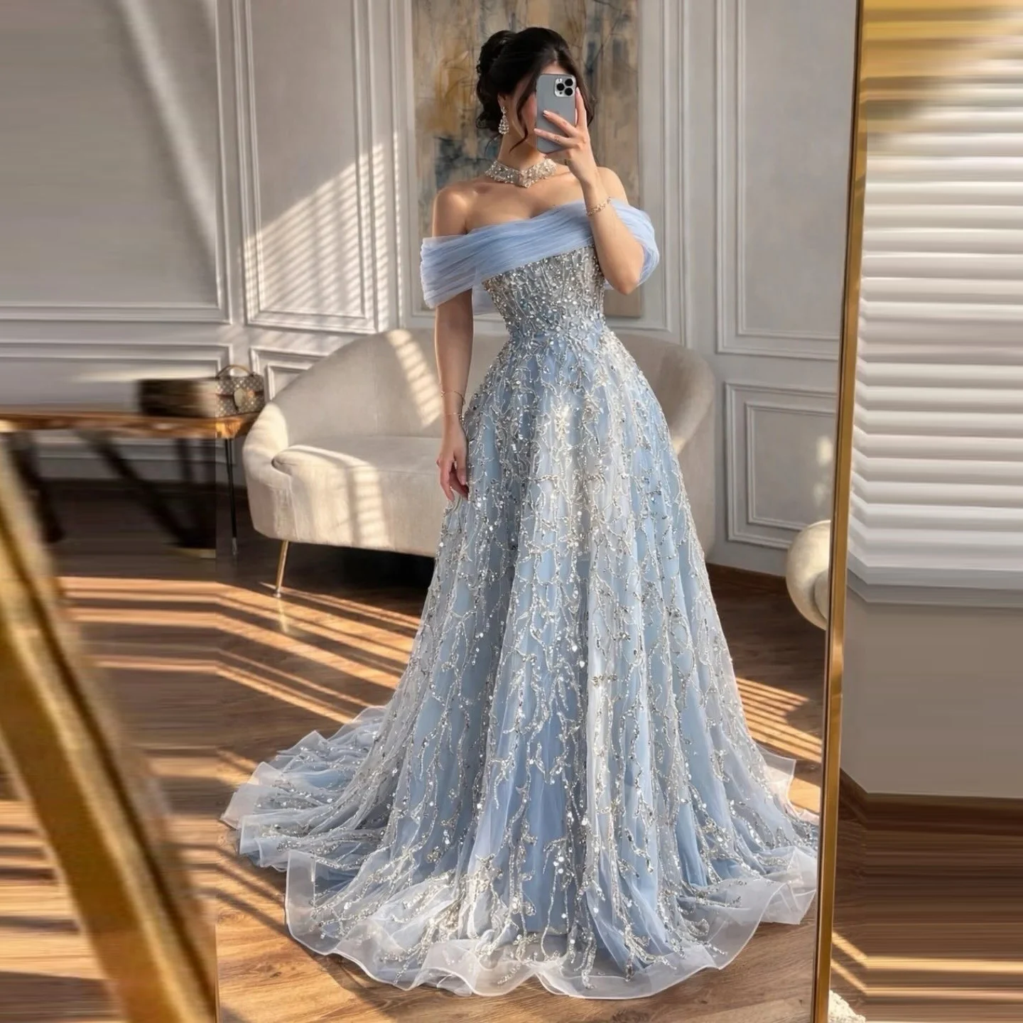hand-beaded dress for parties Shop Sofia Hand Beaded Party in Black INV-263 beaded pearl embellishments cascade Color:SMOKY-BLUE Aj Lee Dresses for