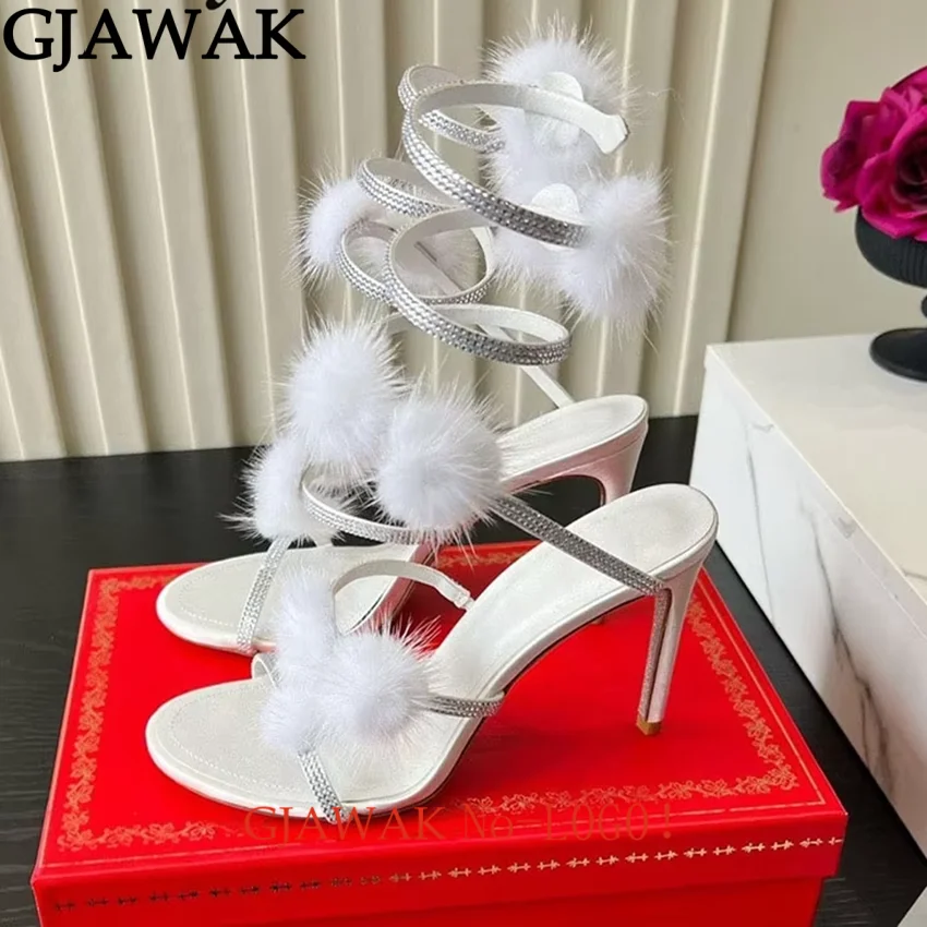 Sexy Crystal High Heels Fur Sandals Woman Twine Around Ankle Snake Party Shoes  Woman Summer Feather Ball Modern Sandals Women
