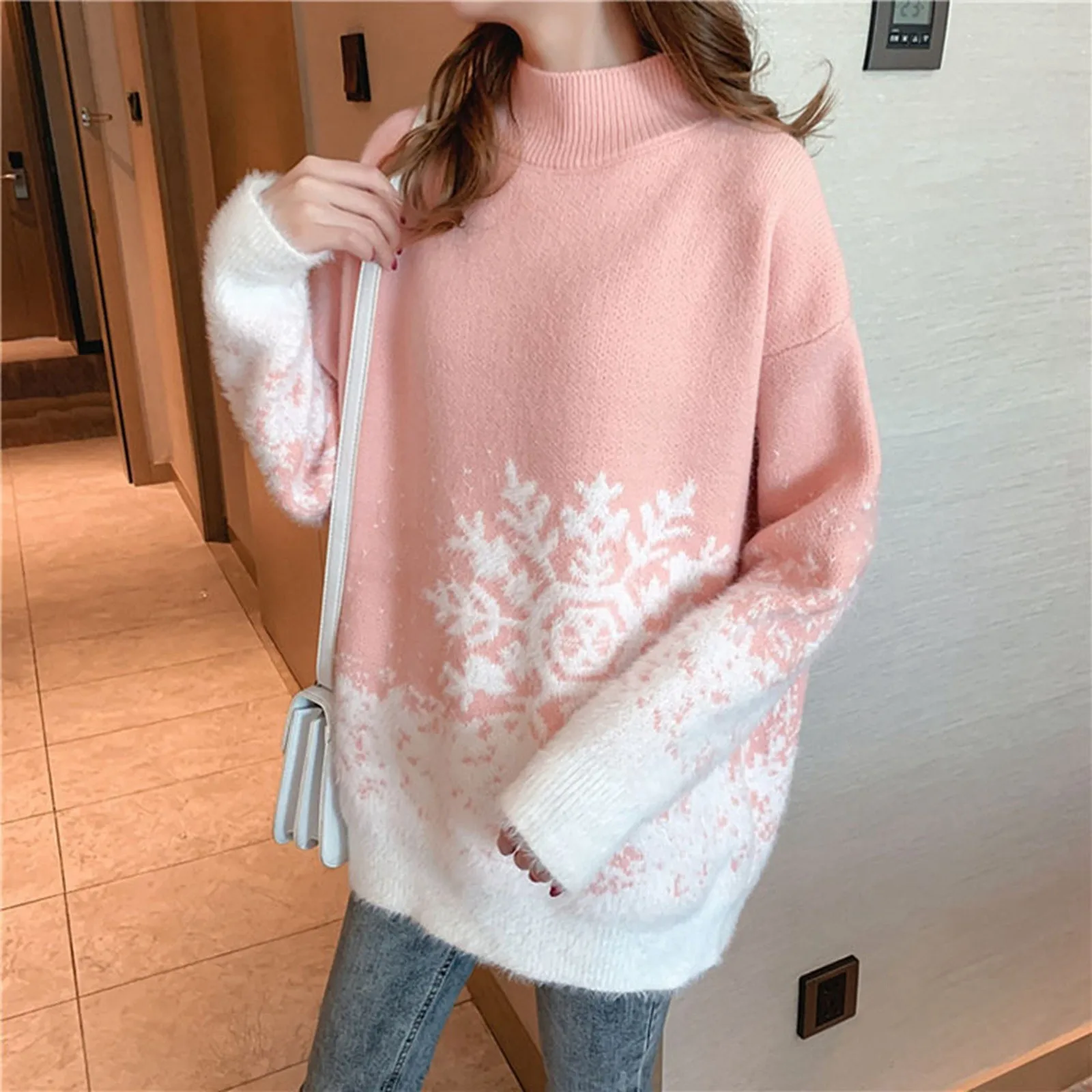 Women's Sky Blue Christmas Sweater Turtleneck Loose Fit  Longline Thick Knit  Autumn/Winter New Snowflakes Kniited Outerwear