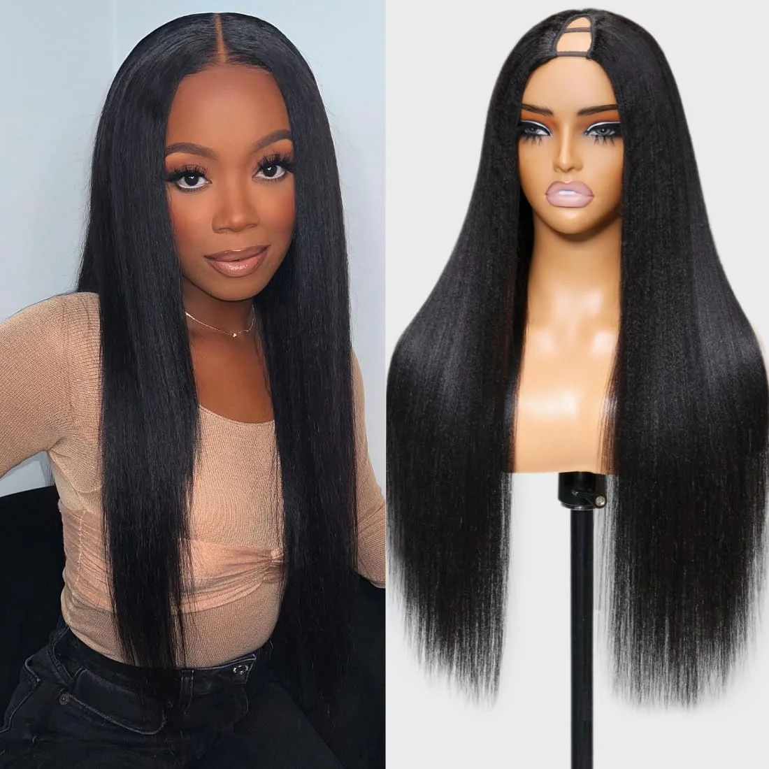 V Part Wig Human Hair Remy Hair Straight Human Hair Wigs for Black Women 200% Density Straight V Part Wigs V Shape Wigs No Leave Out Upgrade U Part Wigs Glueless Full Head Clip In Half Wigs 30 Inch