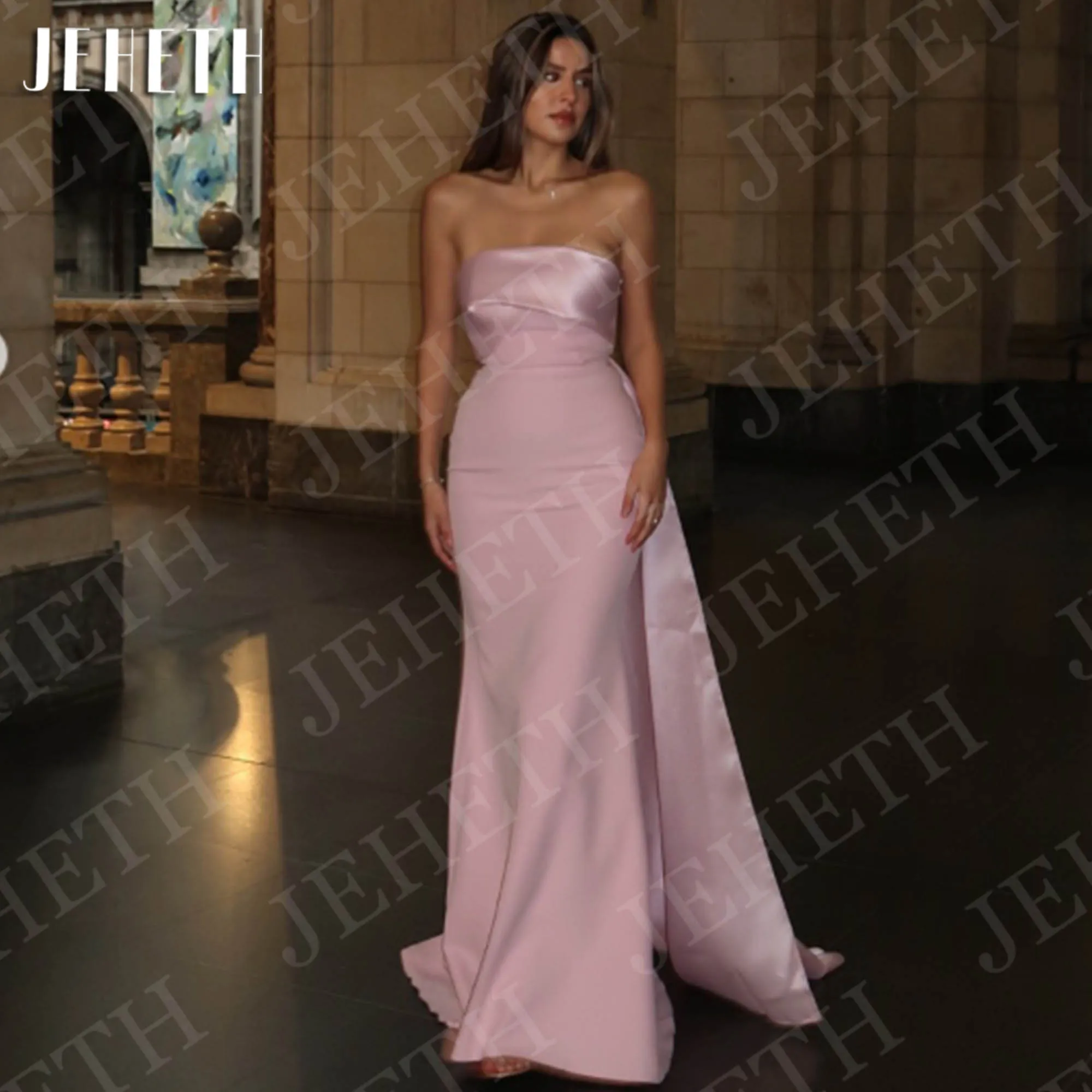 

JEHETH Mermaid Elegant Evening Dresses Charming Strapless Sexy Pink Crape Formal Party Dress Simple Woman Customized فساتين سهره