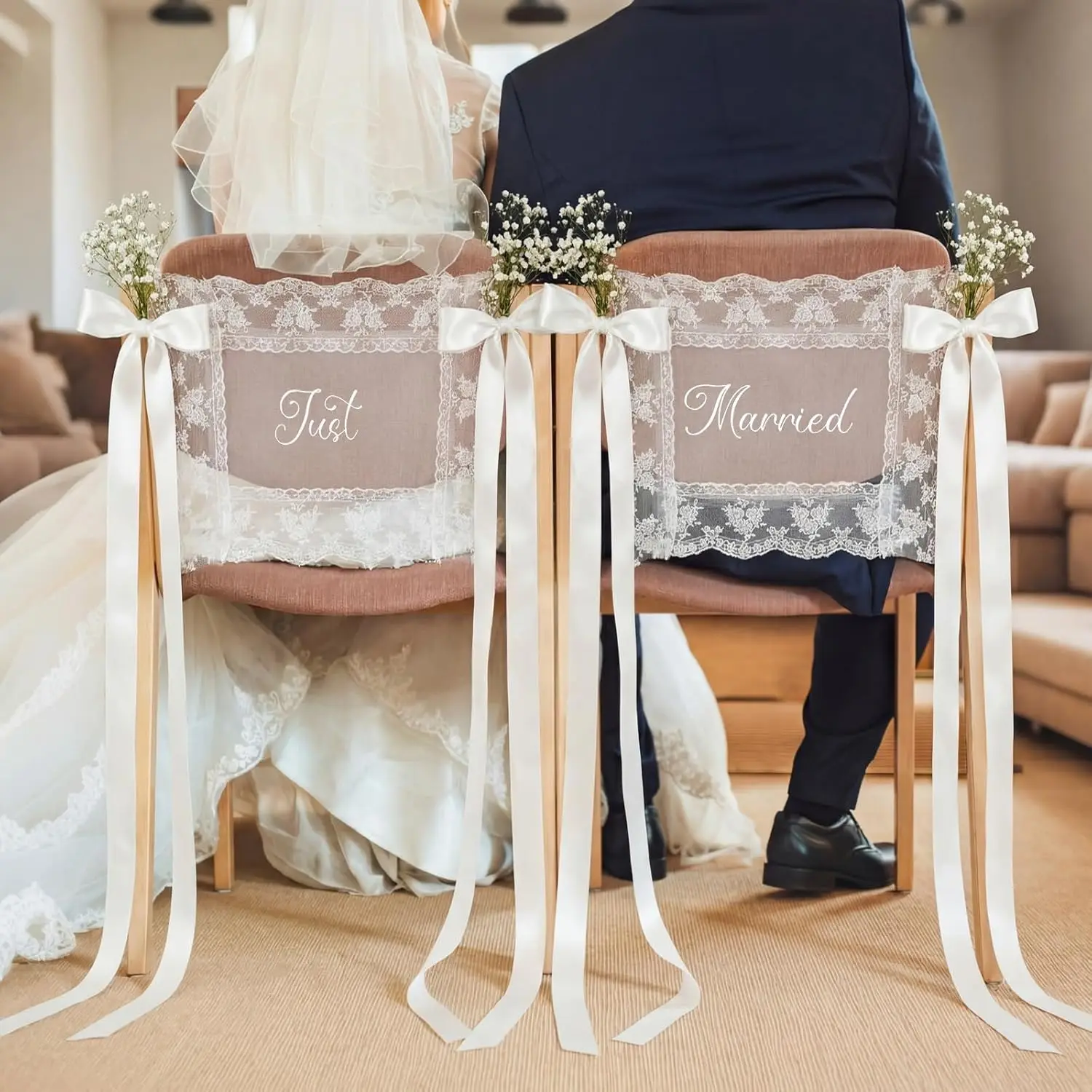 2 Pcs Lace Just Married Wedding Chair Signs Sweetheart Table Chairs Back Banners Covers Decorations with Ribbon