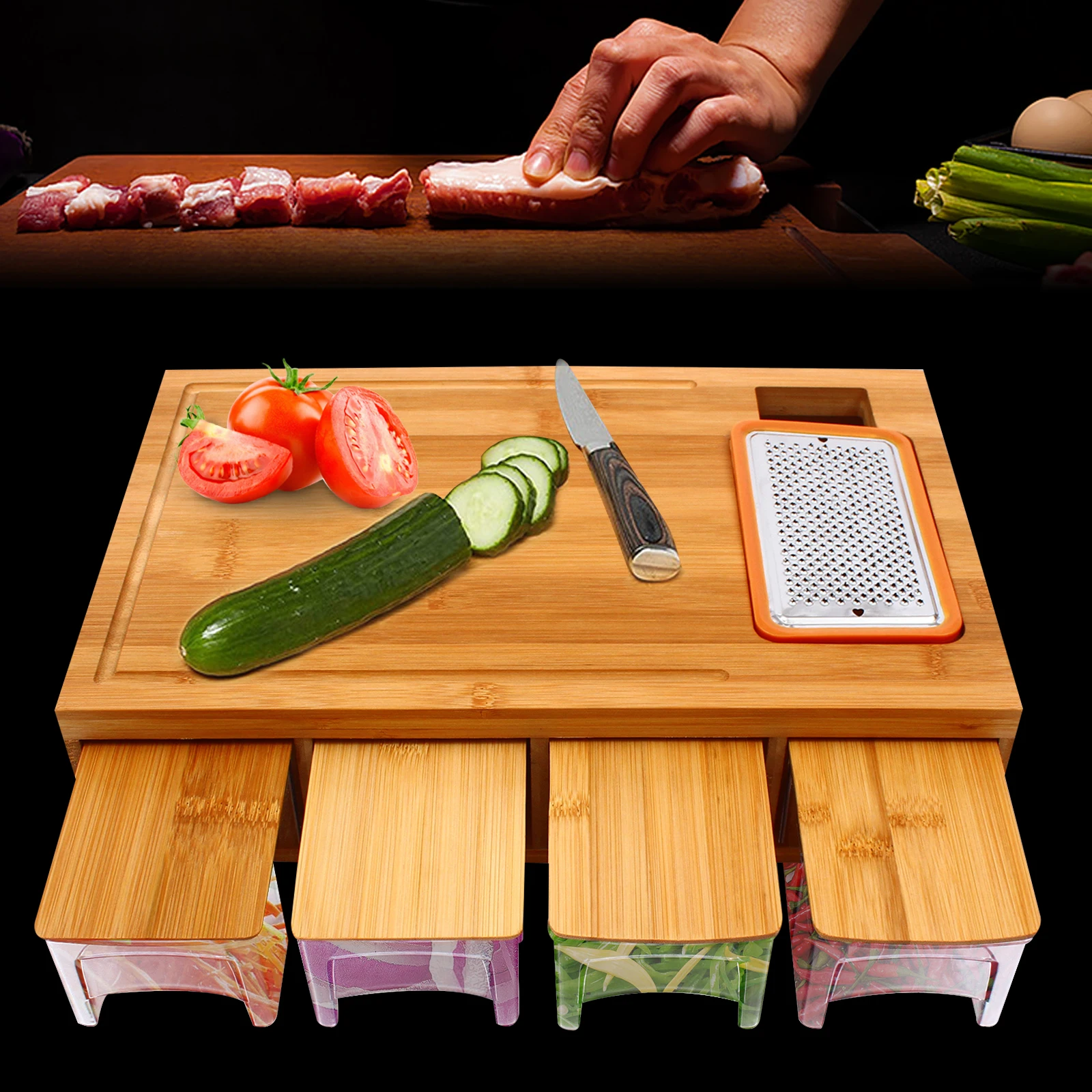 Multi-functional Storage Drawer Cutting Board - Bamboo Color 40*26*9.5  Bamboo Cover