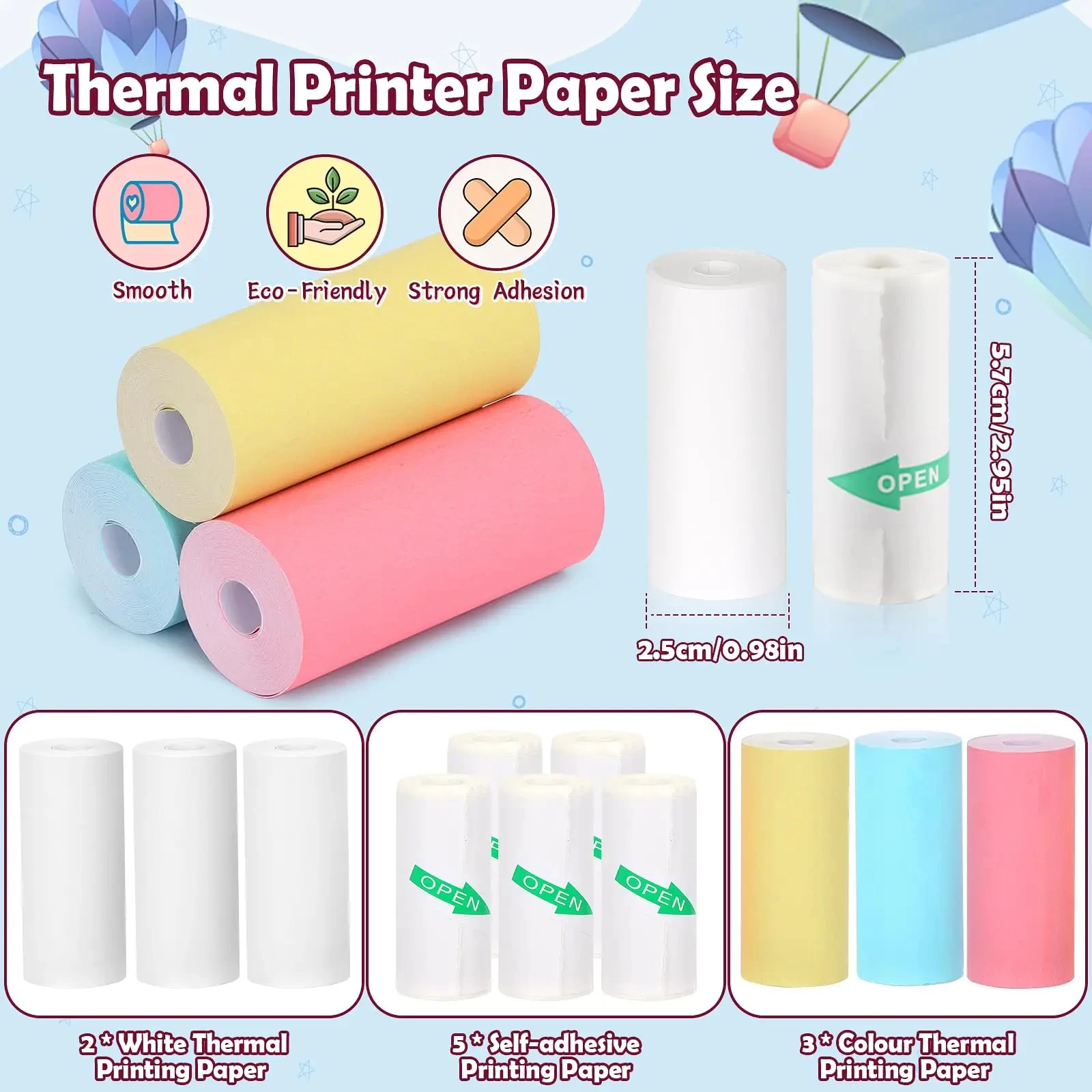 10 Rolls Thermal Printer Mix Paper Rolls 2.2in x 19ft for Mini Pocket Printer White Colors Sticky Receipt Paper Rolls POS Papers