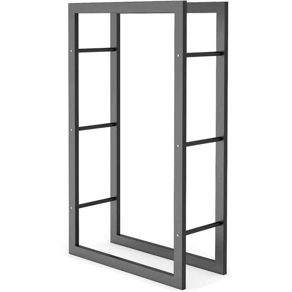 Sturdy Tall Steel Firewood Storage Rack with Side Rails, Black Vertical Fireplace Log Holder