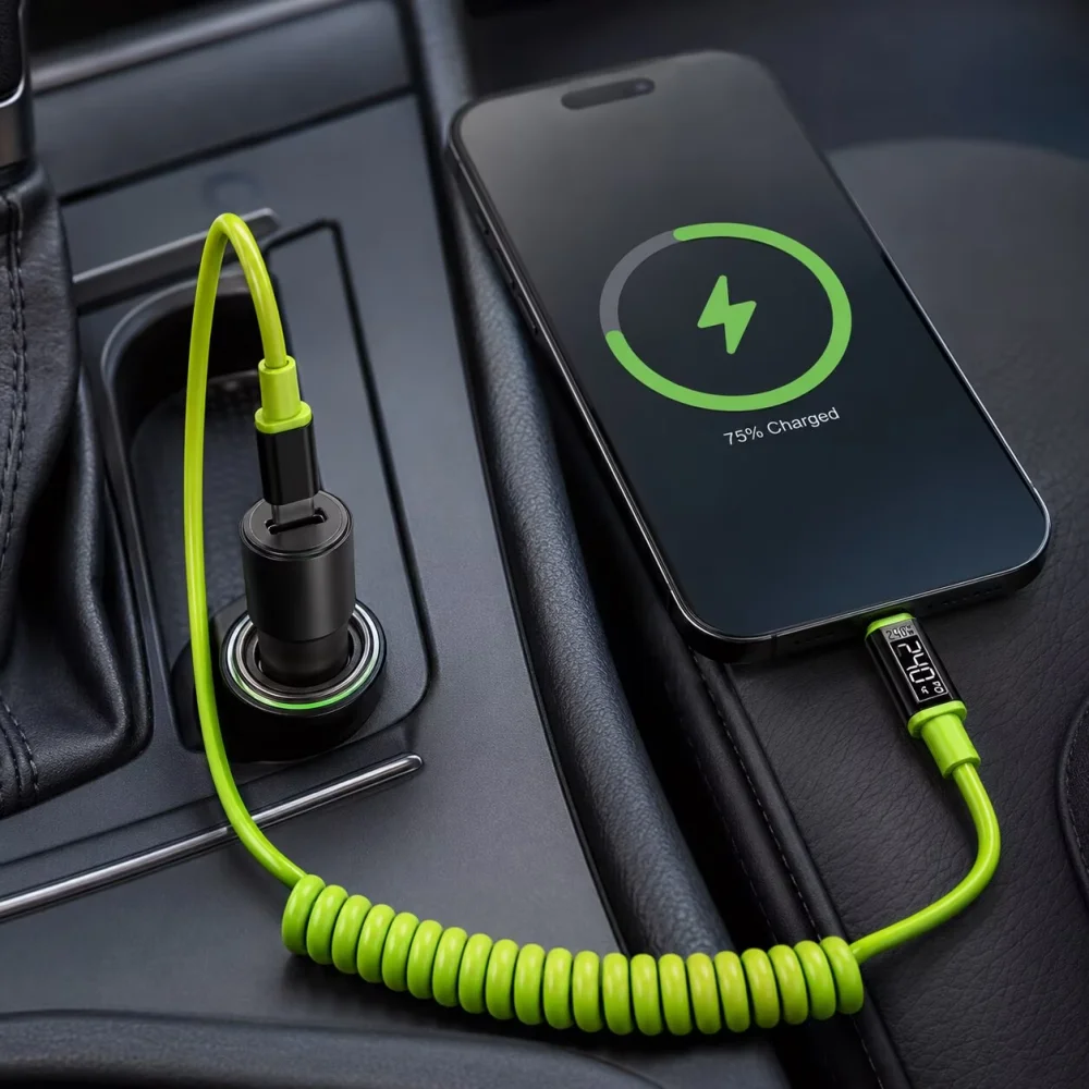 240W Type C to Type C Super Fast Charging Spring Cable USB Phone Data Cord Car Center Console Power Top Up