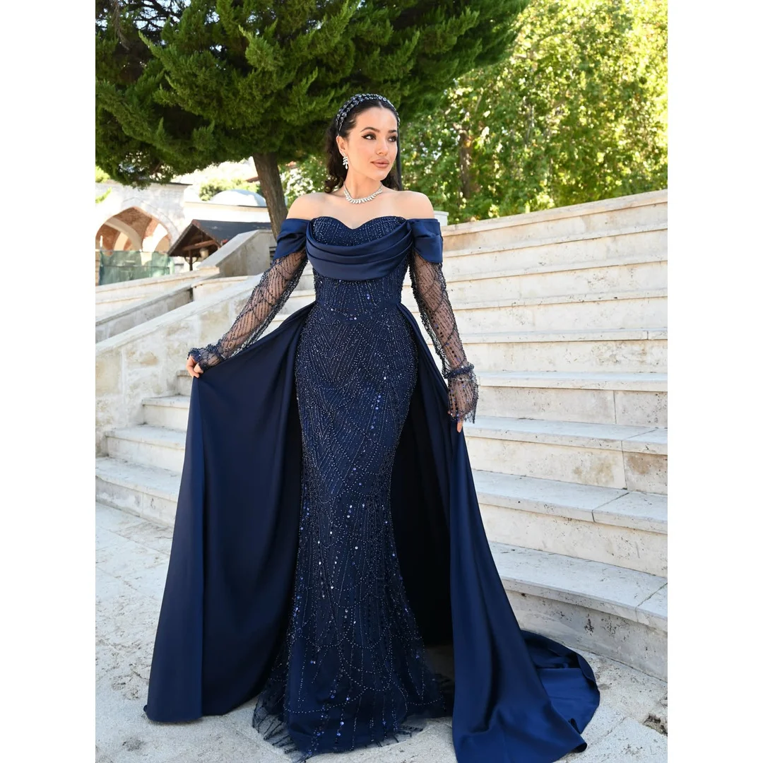 Short Sleeves Formal and Evening Dresses for Special Occasions Blue Ball Gown Dress Mermaid Customized Embroidered Lace Women's