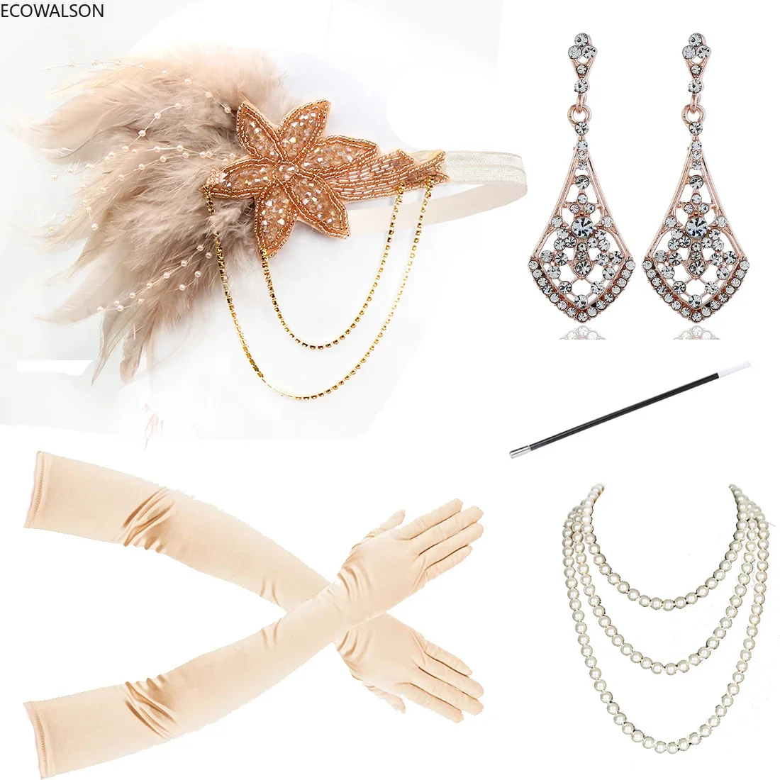 Women Great Gatsby Party Costume Accessories Set Retro 1920s Flapper Accessories Feather Headband Gloves Cigarette Holder 20