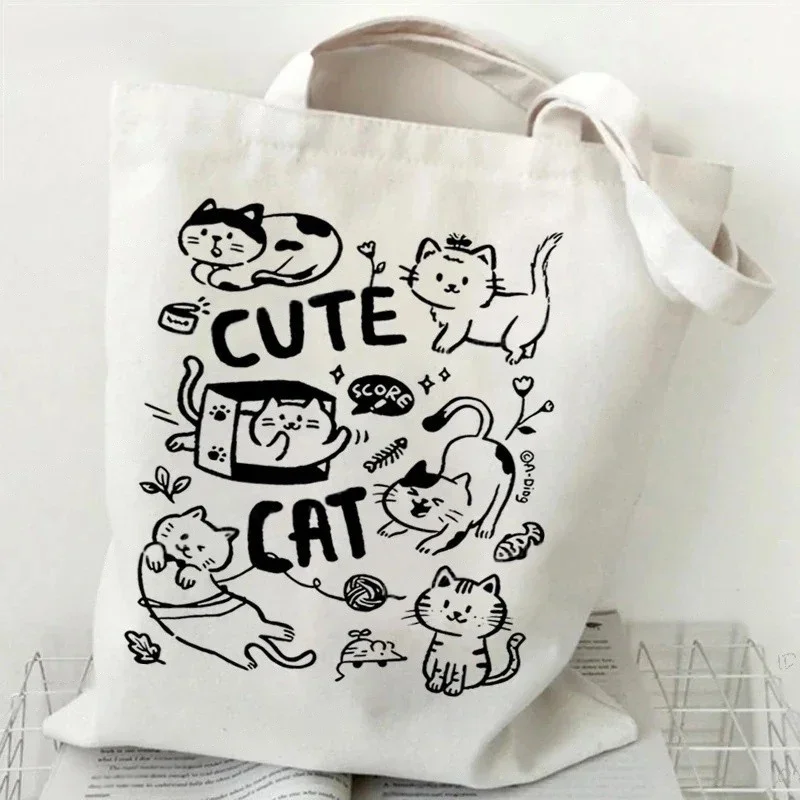 Black White Cat Print Canvas Tote Bag for Women Stylish Kitten-Themed Shopping Handbag Large Capacity Cartoon Shoulder Bag