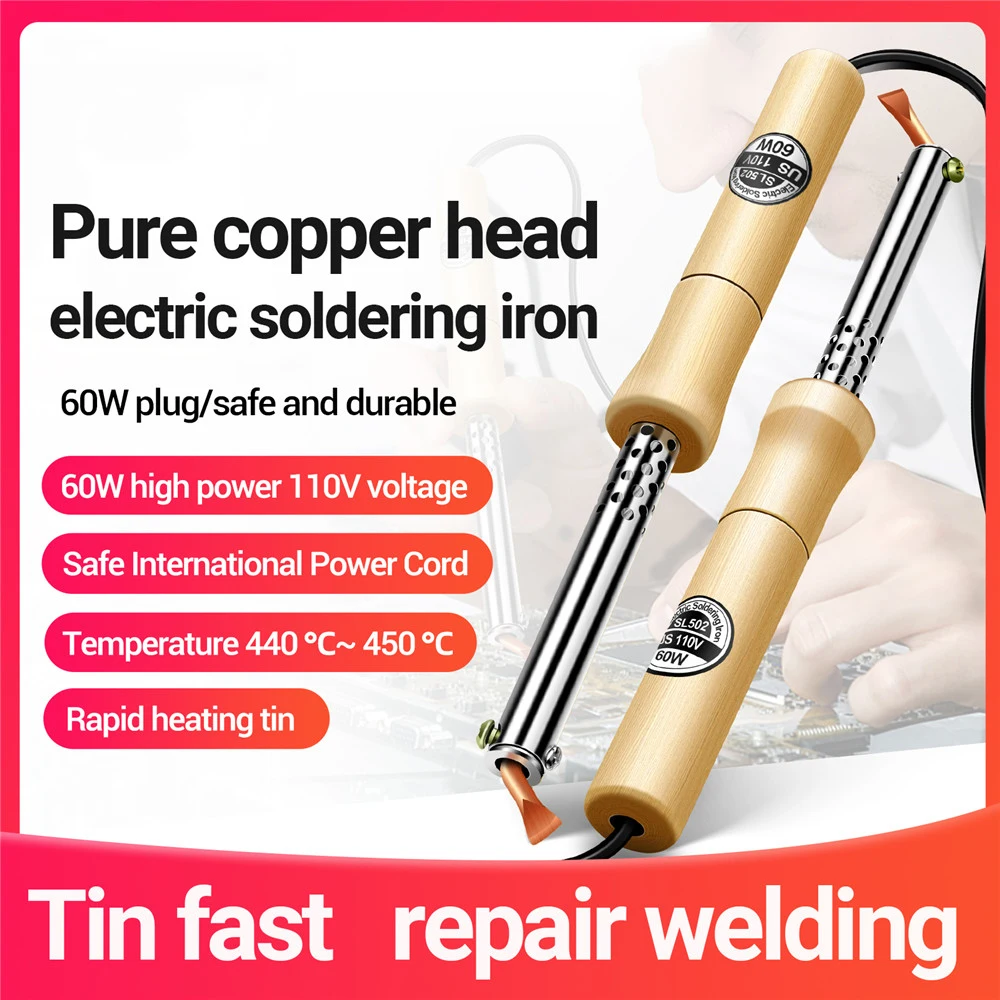 SL502 Electric Soldering Iron Stainless Steel Pipe Sleeve Soldering Iron Weld Copper Tip with Wooden Handle Home Repair Tool