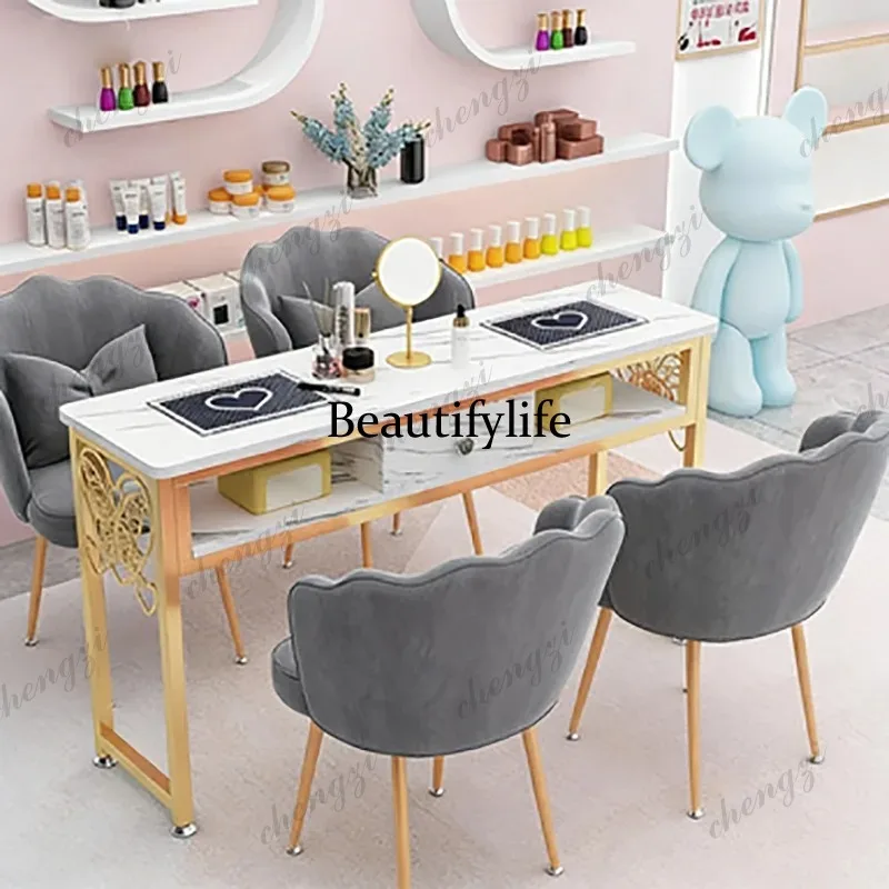 P182 Light Luxury Manicure Table And Chair Economical Gold Manicure Table With Vacuum Cleaner Nail Chair Single And Double Nail