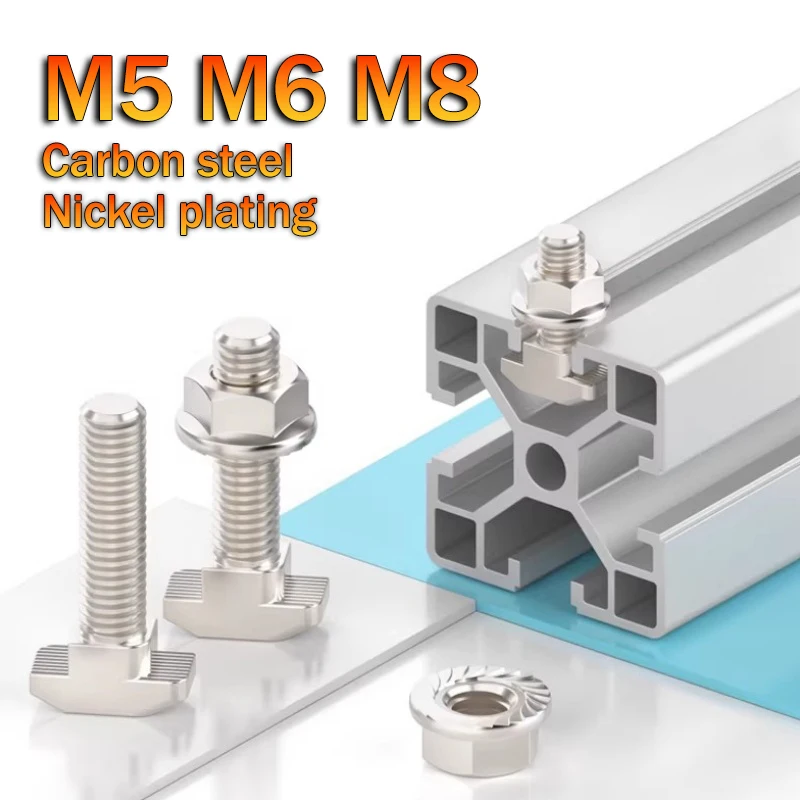 M5 M6 M8 T Bolt Screw and Hexagon Flange Nuts Nickel Plated for 20/30/40/45 Series European Standard T-Slot Aluminum Profile