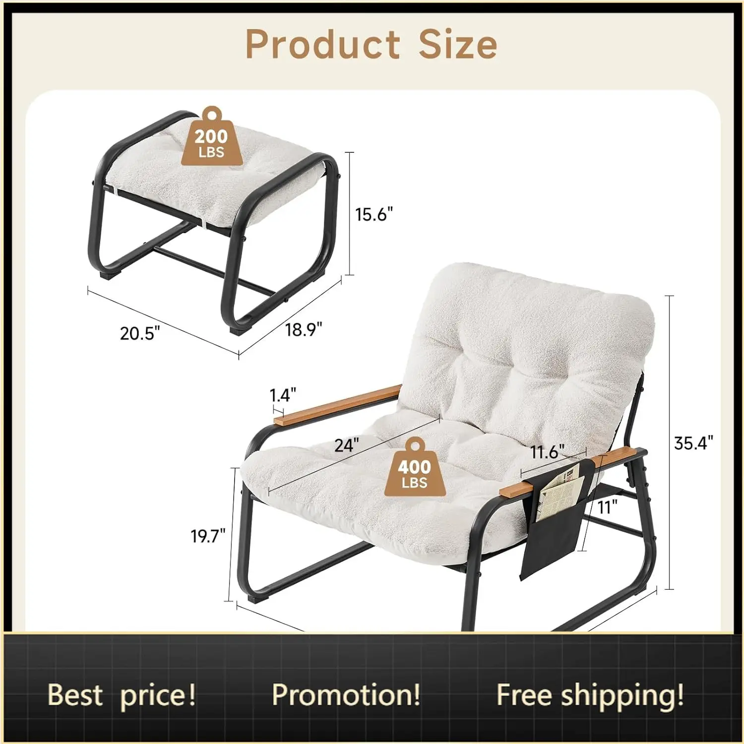 

Oversized Modern Accent Chair with Ottoman, Comfy Living Room Chair with Double-Fabric-Cushion & HDPS Armrests, Lounge Chair wit