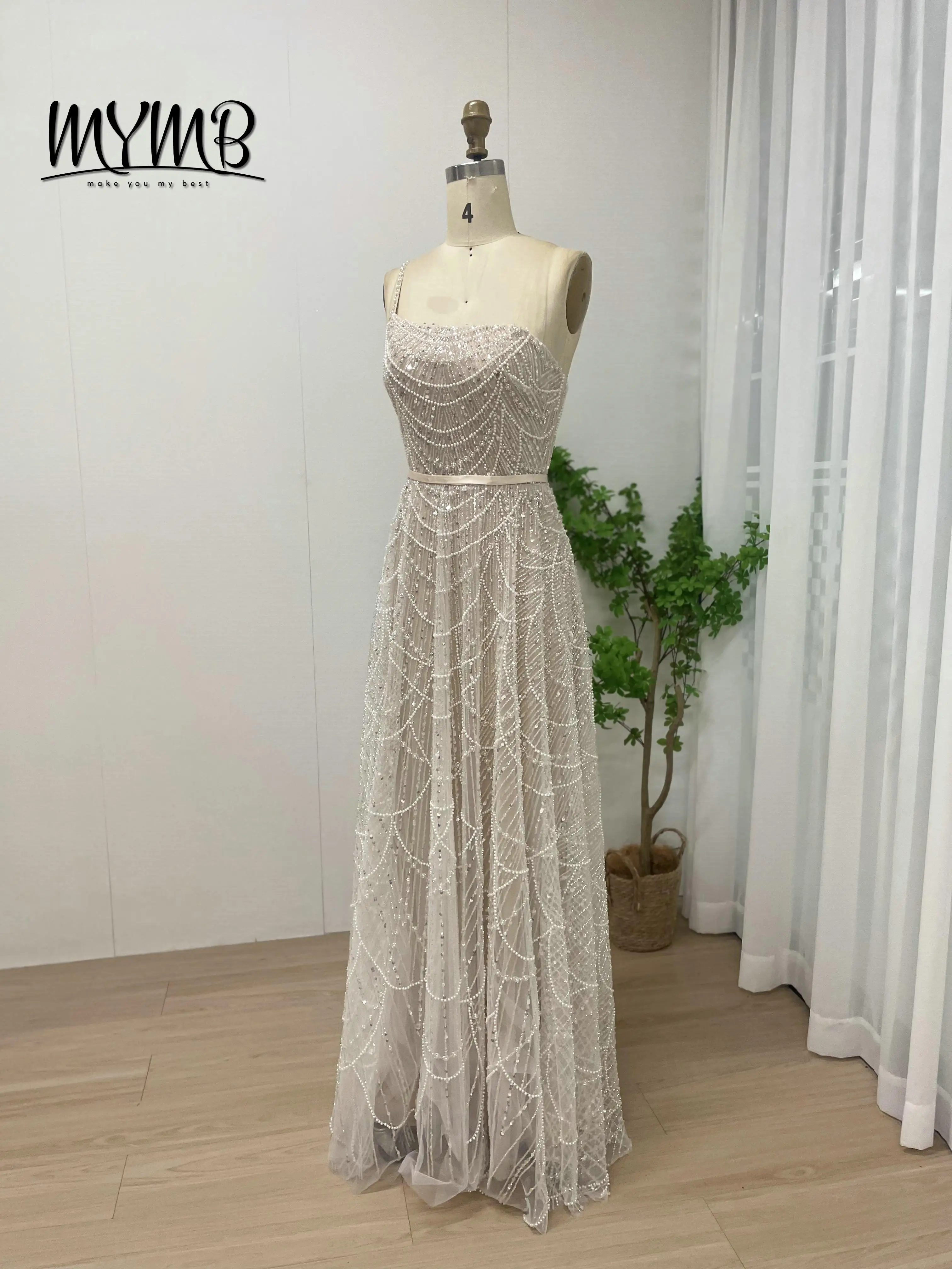 Ekskluzywna, elegancka suknia ślubna w kształcie litery A, zdobiona perłami, cekinami i luksusowymi ramiączkami spaghetti, suknia wieczorowa z paskiem MY30088