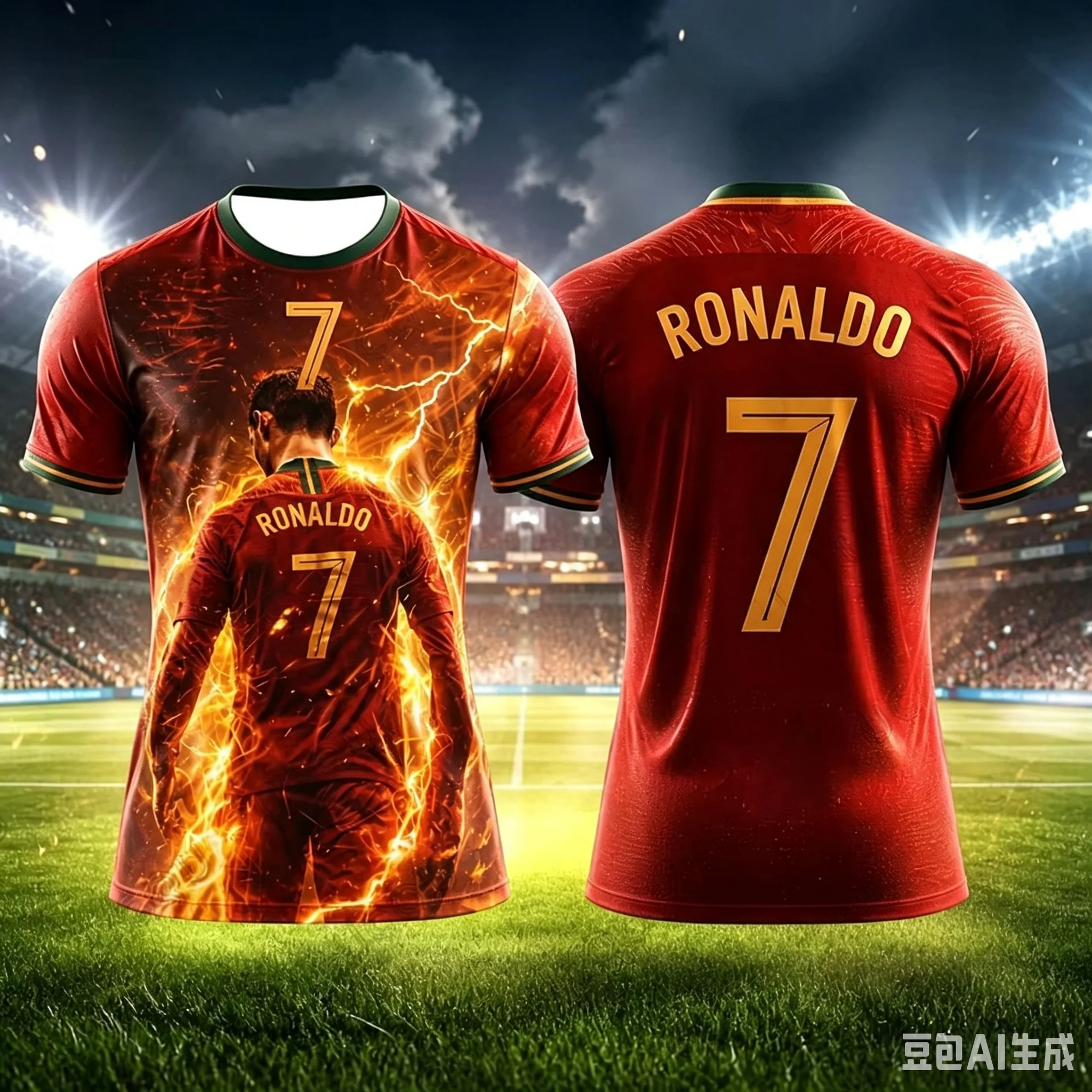 Flame Lightning Cristiano Ronaldo Portrait 3D Printed Breathable Quick Drying Short Sleeve Ball Pants Two Piece Set