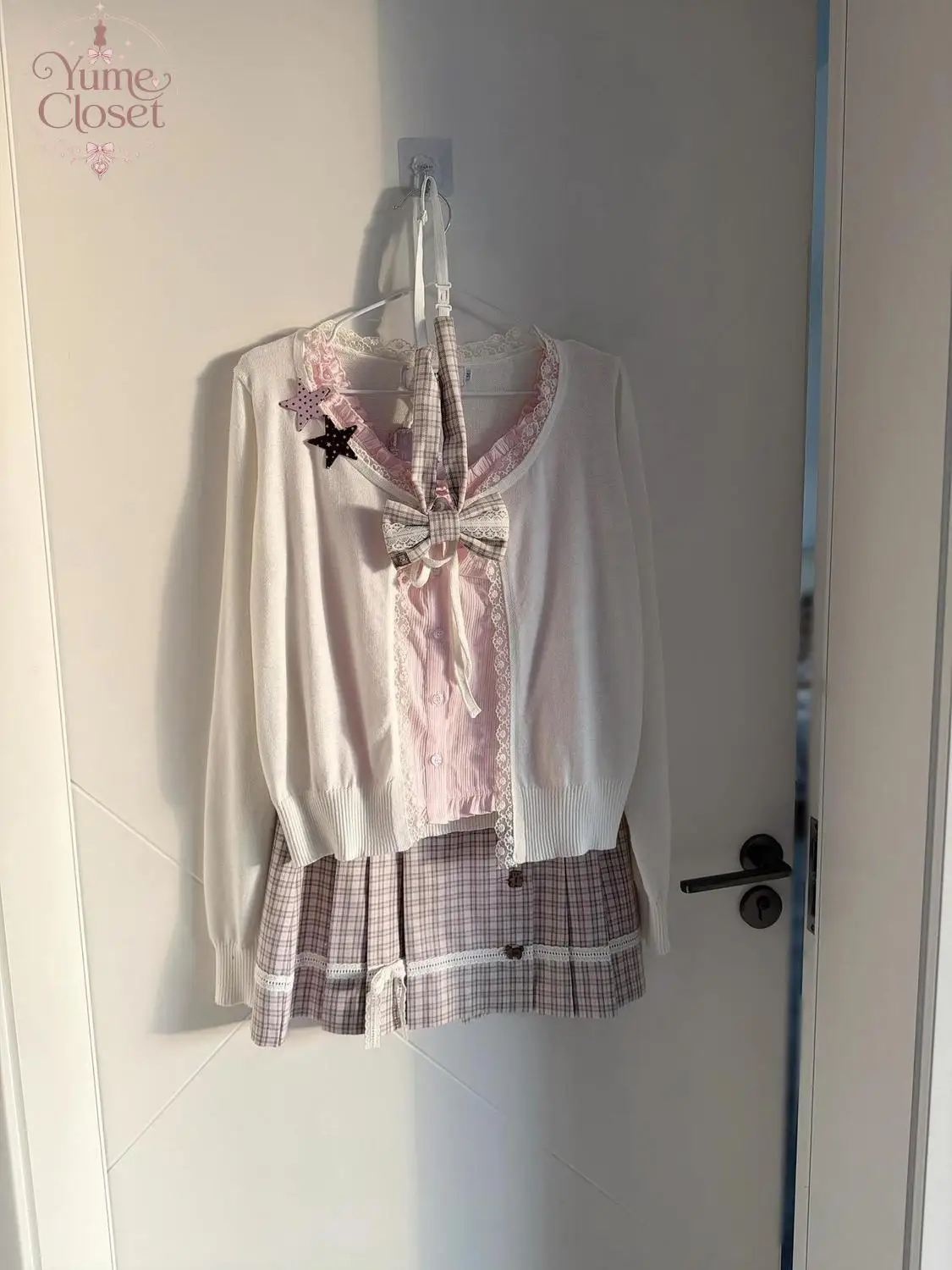Japanese Vintage Coquette 3 Piece Set Women Plaid Bow Lace Ruffle Cropped Cardigan Pink Top Pleated Mini Skirt Campus Outfit