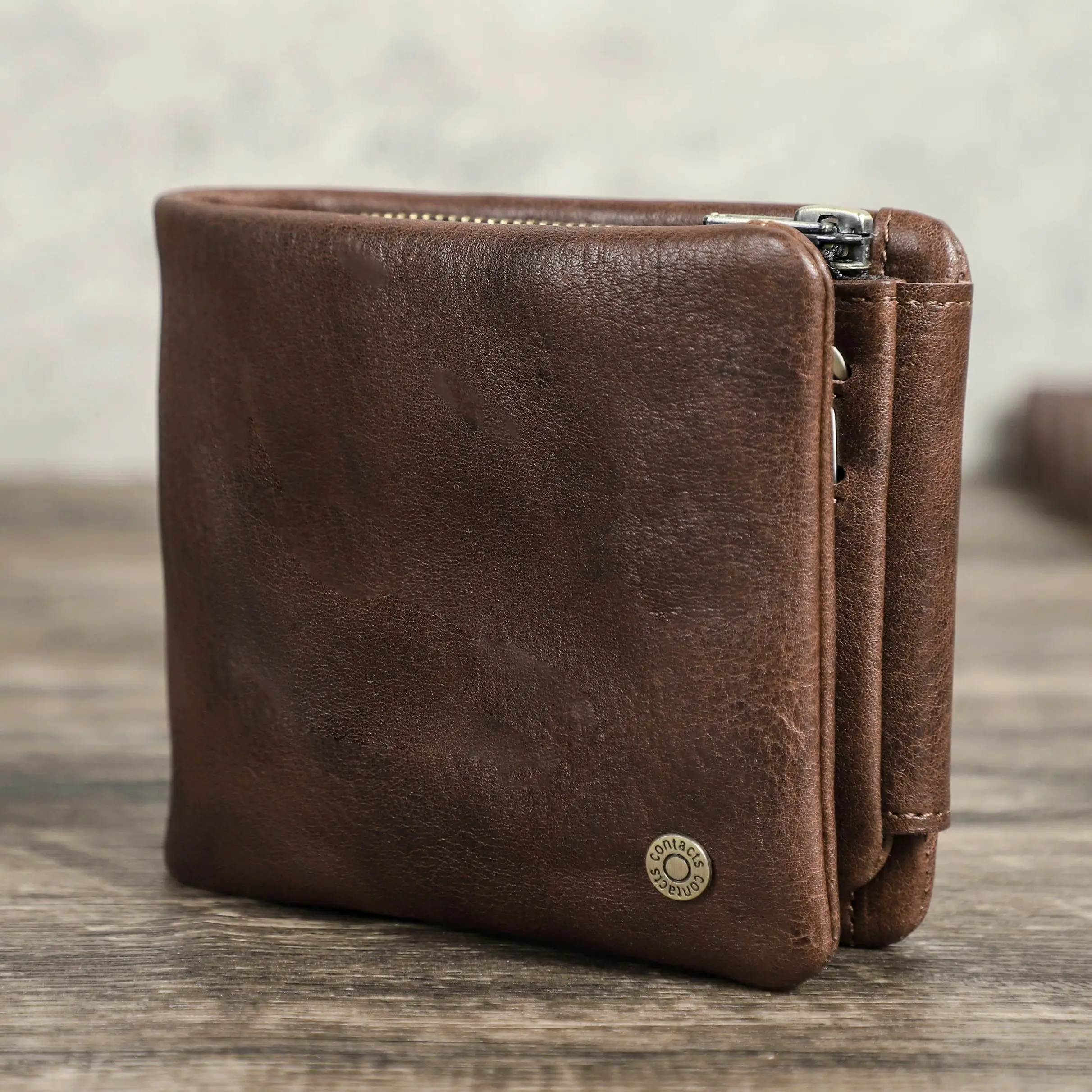 CONTACT'S Genuine Leather Mens Trifold Wallet RFID Blocking Small Casual Purse Zipper Coin Pocket Card Holder