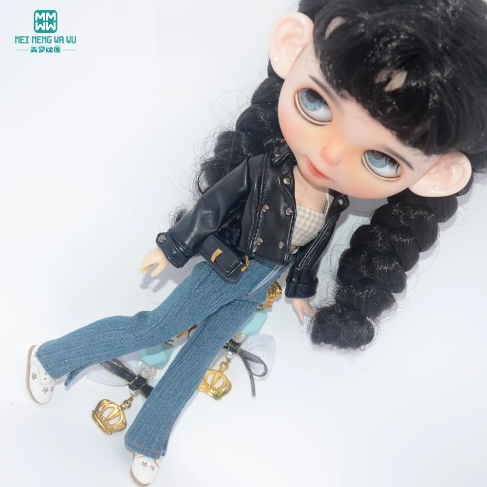 Blyth Puppe Kleidung 28-30cm Azon OB24 Zubehör Mädchen Geschenk Spielzeug Mode Leder Jacke Jeans Ausgestelltes Hosen Rohr top – Detail 5