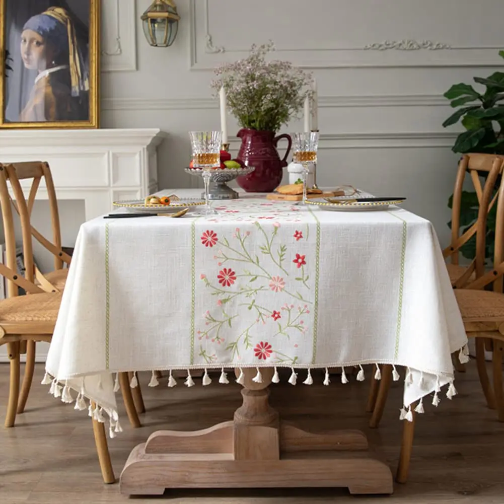 

Table Cloth Embroidery Floral Pattern Wrinkle Free Heavy Weight Cotton Linen Farmhouse Tablecloth Decorative Outdoor Table Cover