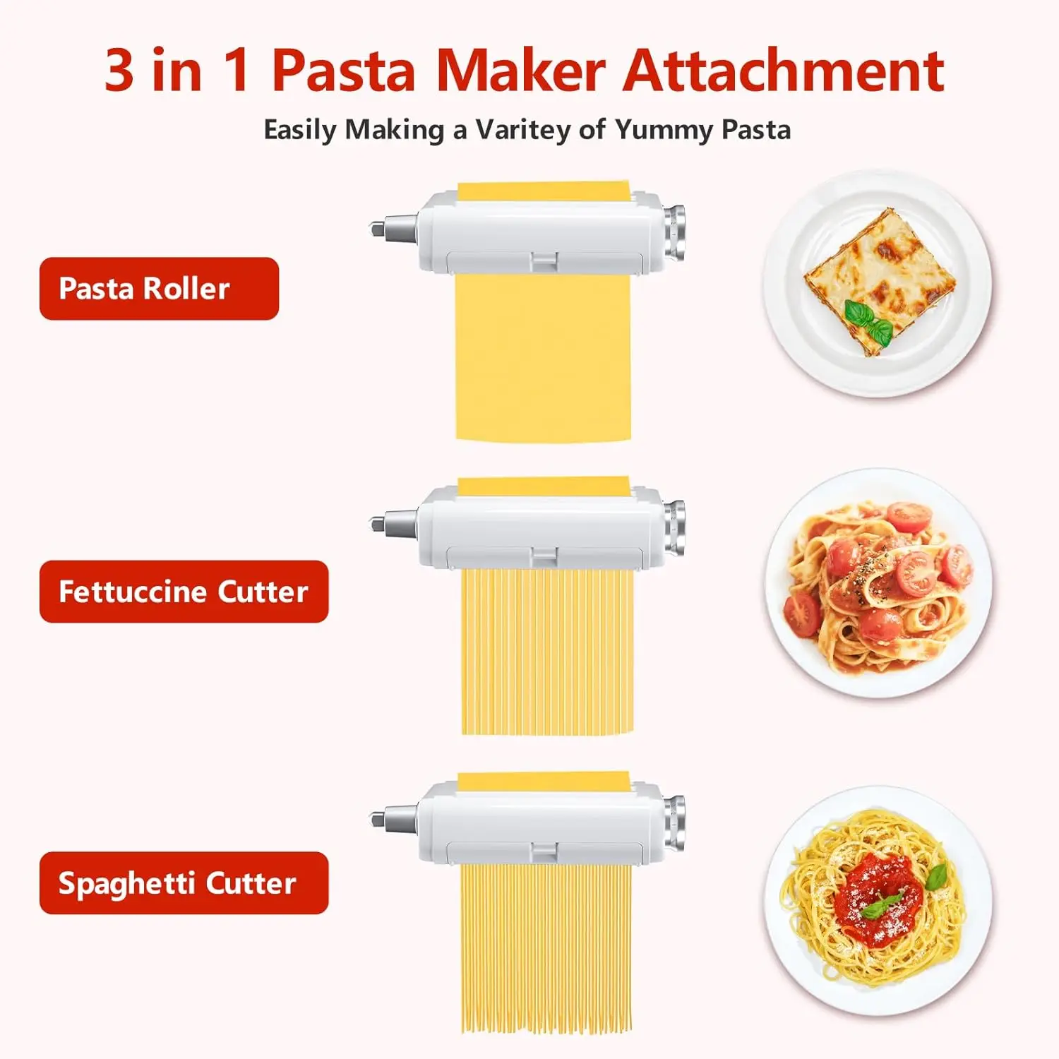 3-in-1 Pasta Maker Attachment for KitchenAid & Cuisinart Stand Mixers, Pasta Roller, Spaghetti & Fettuccine Cutter Set with Cleaning Brush, Stainless Steel view 3