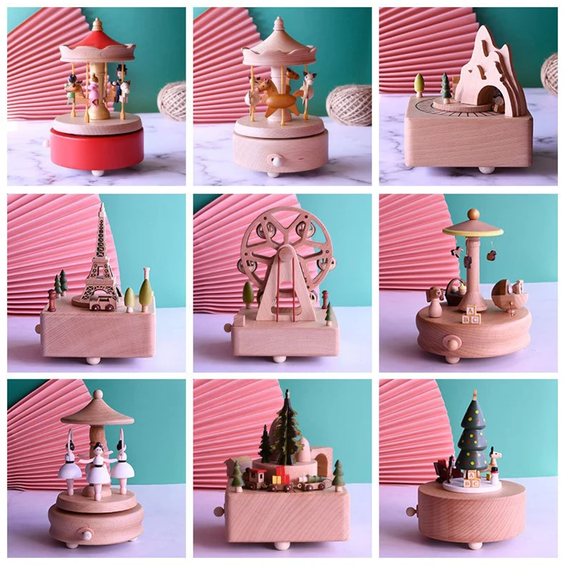 Christmas Gift Clockwork Style Wooden Music Box Merry-go-round Cityscape Children's Day Gift Music Box Creative Home Ornament