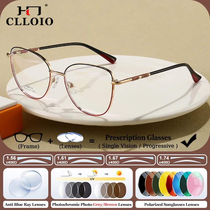 

CLLOIO Women Cat Eye Alloys Reading Eyeware Fashion Anti Blue Light Photochromic Myopia Optical Eyeware Progressive Eyeglasses
