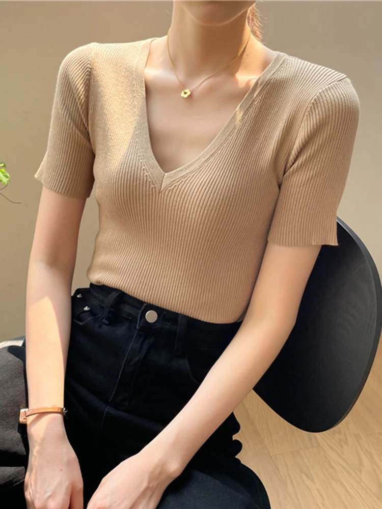 Sexy V Neck Short Sleeve T Shirt Women Ribbed Tops 2024 Summer Solid Knitted Casual Top Tees Slim Basic Female T-shirts