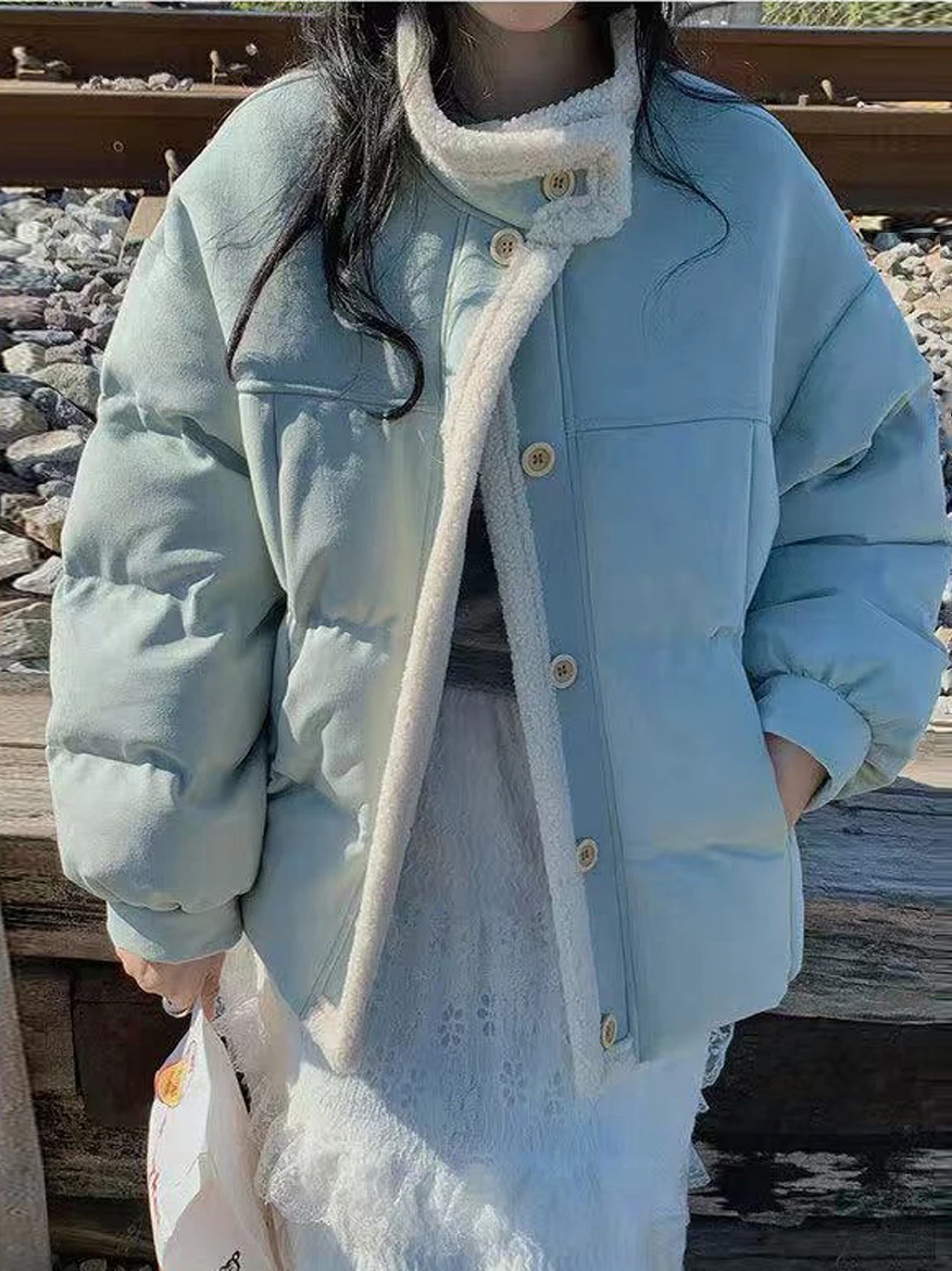 

Корейская модная синяя хлопковая куртка с мехом ягненка, женская зимняя теплая хлопковая одежда с воротником, новая дизайнерская верхняя одежда