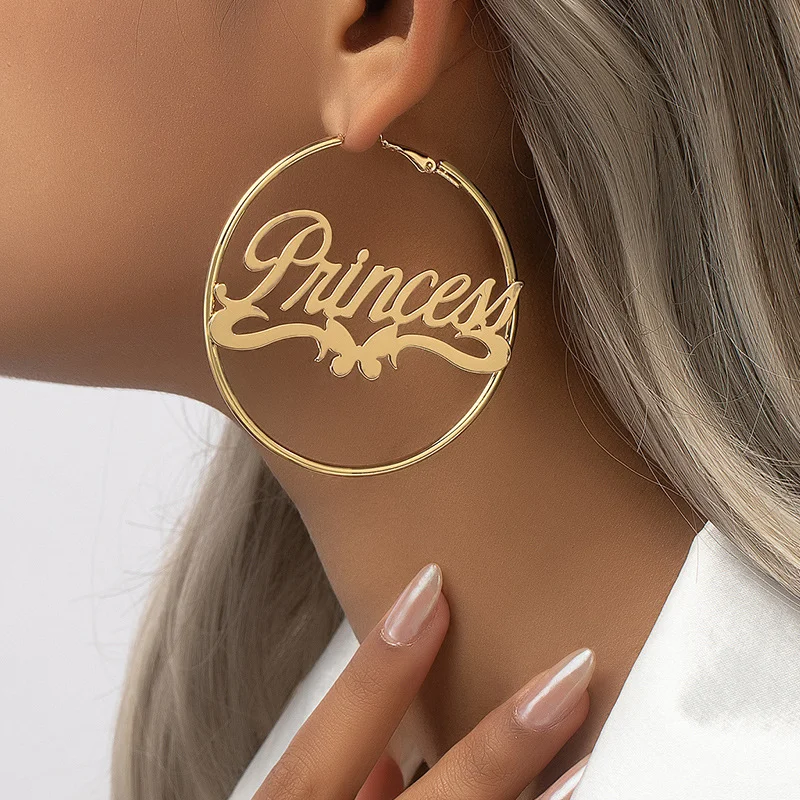 Amaxer Big Hoop Custom Capital Letter Round Name Earrings Personalized Stainless Steel Customized Name Earring Gift for Mom Girl