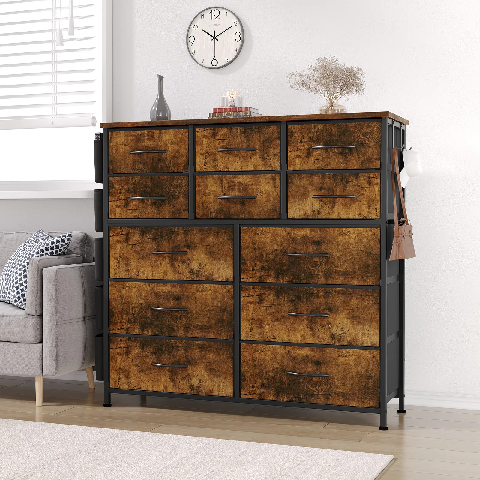 12 Drawer Dresser for Bedroom,Tall Fabric Dresser with Side Pockets and Hooks, Chest of Drawers & Storage Drawers, Fabric Dresse