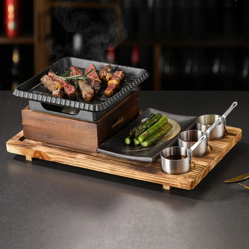 Korean Style Barbecue Stove Set Tableware Cast Iron Barbecue Plate Square Alcohol Stove Heating