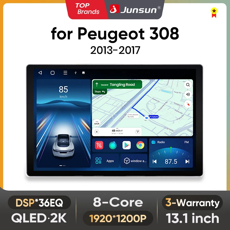 Image of Junsun 13,1 Zoll QLED Android Wireless CarPlay Autoradio für Peugeot 308 308S 2013-2017 Intelligente Systeme DSP SWC RDS GPS