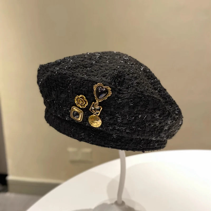 Boina con botones de Metal para mujer, boina francesa elegante de Tweed estilo sombrero británico, boinas Retro negras